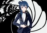  1030389153 1girl black_background blue_hair bow bowtie cosplay cowboy_shot gun gun_barrel_sequence hair_bun handgun highres james_bond james_bond_(cosplay) james_bond_(series) love_live! love_live!_sunshine!! parody red_eyes simple_background single_side_bun skyfall solo tsushima_yoshiko tuxedo walther walther_ppk watch weapon white_background 