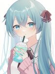  1girl absurdres blue_eyes blue_hair blush cardigan collared_shirt cup disposable_cup drink drinking_straw frilled_shirt_collar frills hair_ribbon hatsune_miku highres holding holding_cup holding_drink long_hair long_sleeves looking_at_viewer neck_ribbon parted_lips ribbon shirt solo star_(symbol) twintails upper_body vocaloid yomiya_yumeha 
