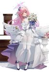  1girl alternate_costume angel_wings black_footwear blue_archive blush bouquet breasts cleavage closed_mouth dress feathered_wings flower full_body garter_straps gloves halo high_heels highres holding holding_bouquet large_breasts leviathan_(hikinito0902) long_hair looking_at_viewer low_wings mika_(blue_archive) multicolored_hair pink_hair pink_halo simple_background smile solo standing thighhighs very_long_hair wedding_dress white_background white_dress white_flower white_garter_straps white_gloves white_thighhighs white_wings wings yellow_eyes 