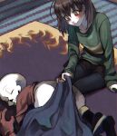  1boy 1other androgynous armor blush chara_(undertale) closed_mouth full_body highres hollow_mouth long_sleeves medium_hair pantyhose papyrus_(undertale) scarf shirt shorts shousan_(hno3syo) skeleton smile striped teeth undertale 