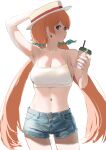  .live 1girl absurdres bare_shoulders blush breasts brown_hair cup denim denim_shorts earrings hair_ornament hair_ribbon hat highres holding holding_cup jewelry large_breasts long_hair looking_at_viewer low_twintails nanahoshi_milily navel orange_nails ribbon shirt short_shorts shorts simple_background solo sun_hat tama_(tamago) twintails virtual_youtuber white_background white_shirt 