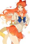  1girl bad_id bad_twitter_id bishoujo_senshi_sailor_moon blue_ribbon choker commentary_request gloves heart joman korean_commentary long_hair looking_at_viewer miniskirt nami_(one_piece) one_piece orange_choker orange_eyes orange_hair orange_sailor_collar orange_skirt red_ribbon ribbon sailor_collar sailor_senshi_uniform sailor_venus simple_background skirt solo star_(symbol) white_background yellow_ribbon 
