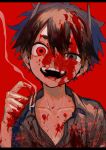  1boy between_fingers black_eyes black_hair blood blood_on_clothes blood_on_face blood_splatter child cigarette commentary_request crazy crazy_eyes crazy_grin crazy_smile guro hair_between_eyes heterochromia highres holding holding_cigarette horror_(theme) male_child male_focus original red_background red_eyes shinagire_(sinanohaka) smoke smoking teeth uneven_eyes upper_body yandere 
