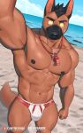  anthro beach brown_body brown_dog_(canyne_khai) brown_fur bulge canid canine canis canyne_khai clothed clothing day domestic_dog dutch_angle front_view fur hi_res lifeguard male mammal muscular muscular_anthro muscular_male nipples outside pecs seaside shirtless skimpy sky solo speedo speedo_only standing swimwear topless whistle_(object) 