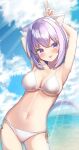  1girl :3 animal_ears armpits arms_behind_head beach bikini blush bob_cut breasts cat_ears cat_tail cleavage cloud cloudy_sky commentary contrapposto cowboy_shot crossed_bangs day hair_between_eyes highres hololive linea_alba medium_breasts medium_hair navel nekomata_okayu outdoors purple_eyes purple_hair rappi revision side-tie_bikini_bottom sky solo swimsuit tail tongue tongue_out underboob virtual_youtuber waving white_bikini 