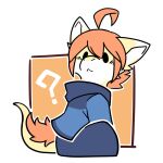  1:1 anthro blue_clothing blue_legs blue_topwear chibi clothing dragon fur furred_dragon hair hi_res kutto kuttoyaki male mouth_closed orange_body orange_fur orange_hair question_mark simple_background simple_eyes solo topwear white_body white_fur yellow_body yellow_fur 