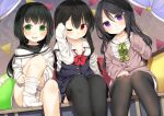 3girls :d ;o adjusting_sock age_regression aged_down ao_no_neko black_hair black_pantyhose black_thighhighs blush bow bowtie cardigan collarbone green_bow green_bowtie green_eyes hair_tucking hand_on_own_chest hand_on_own_knee loose_bowtie multiple_girls no_shoes one_eye_closed open_mouth original oversized_clothes pantyhose plaid plaid_bow plaid_bowtie pleated_skirt purple_eyes red_bow red_bowtie red_eyes sitting skirt sleeves_past_wrists smile socks teeth thighhighs upper_teeth_only white_socks 