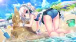  1girl all_fours ass ass_focus beach beach_house beach_umbrella bikini bikini_skirt black_bikini black_skirt blue_eyes blue_sky breasts bucket cloud coconut_tree day dot_nose dutch_angle feet film_grain from_behind game_cg hair_bun izumi_tsubasu lens_flare looking_at_viewer looking_back maid maid_bikini nishidate_haku non-circular_lens_flare non-web_source official_art outdoors palm_tree parted_lips re:stage! recliner sand_castle sand_sculpture seashell shell shoulder_blades shovel single_side_bun skirt sky small_breasts soles solo sparkle sunlight swimsuit thighs toes tree umbrella unconventional_maid wet white_hair white_wrist_cuffs yellow_innertube 