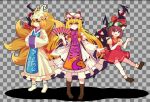  3girls animal_ears blonde_hair brown_eyes brown_footwear brown_hair cat_ears checkered_background chen closed_mouth commentary dress fox_ears full_body gap_(touhou) green_headwear grey_background hat hat_ribbon kaaaarin kitsune long_hair looking_at_viewer mob_cap multiple_girls pixel_art red_dress red_ribbon ribbon smile socks standing tabard touhou white_dress white_headwear white_socks yakumo_ran yakumo_yukari yellow_eyes 