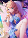  #summer_#besties_(umamusume) 1girl animal_ears aqua_eyes bare_shoulders bead_bracelet beads blonde_hair blue_dress blurry blurry_background bracelet braid braided_ponytail breasts chair cleavage closed_mouth cocktail_glass cup diffraction_spikes dress drinking_glass feet_out_of_frame floral_print flower gold_city_(gentle_moon)_(umamusume) gold_city_(umamusume) hair_flower hair_ornament hibiscus highres holding holding_cup horse_ears horse_girl jewelry long_hair looking_at_viewer lounge_chair medium_breasts petals reclining rukinya_(nyanko_mogumogu) sleeveless sleeveless_dress smile solo umamusume wristband 