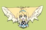  1girl :d ahoge anatomical_nonsense animal_ear_fluff animal_ears arknights bare_shoulders black_collar blonde_hair blue_hairband collar cropped_torso fox_ears fox_girl green_background green_eyes hairband infection_monitor_(arknights) large_ears mazz open_mouth oripathy_lesion_(arknights) simple_background smile solo suzuran_(arknights) teeth upper_teeth_only 