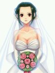  1girl alternate_costume bouquet bridal_veil bride brown_eyes dress flower green_hair highres holding holding_bouquet looking_at_viewer makino_(one_piece) one_piece open_mouth short_hair simple_background solo veil wedding_dress white_background yumiyokiak 