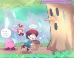  2girls :d =3 adeleine annoyed basket beret black_hair blue_socks blush blush_stickers boss_fight brown_footwear character_name chiimako collared_shirt commentary_request dress fairy fairy_wings flower flying gameplay_mechanics grass green_shirt grey_skirt hair_ribbon hat health_bar holding holding_basket jitome kirby kirby_(series) kirby_64 long_sleeves multiple_girls notice_lines open_mouth parted_bangs pink_hair red_dress red_flower red_headwear red_ribbon ribbon ribbon_(kirby) shirt shoes short_hair skirt smile socks speech_bubble sweatdrop translation_request tree v-shaped_eyebrows whispy_woods wings yellow_flower 