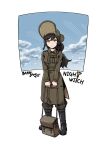  1girl absurdres aircraft airplane army bag bangdog belt black_footwear blue_sky boots breast_pocket chin_strap cloud coat collar contrail deerstalker full_body gaiters hair_between_eyes hat helmet highres holding holding_bag long_hair long_sleeves looking_at_viewer military military_helmet military_uniform original pants pocket signature sky smile soldier solo standing swept_bangs thick_eyelashes uniform white_background witch yellow_eyes 