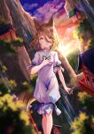  1girl :d absurdres architecture backlighting blurry blurry_background building cloud cloudy_sky depth_of_field east_asian_architecture hair_between_eyes highres holding holding_test_tube kudamaki_tsukasa looking_at_viewer medium_hair mountain nettian51 open_mouth outdoors sky smile sunset test_tube torii touhou tree yellow_eyes 