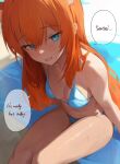  1girl absurdres aqua_bikini bikini blue_archive blush breasts cleavage dio_nand feet_out_of_frame highres looking_at_viewer mari_(blue_archive) orange_hair sitting small_breasts smile solo speech_bubble sweatdrop swimsuit 