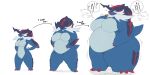  2023 anthro armor belly belly_grab belly_squeeze big_belly big_breasts big_butt blue_body blush bodily_fluids breasts burger butt claws eating embarrassed english_text featureless_breasts female food grey_body hand_on_hip hand_on_stomach headgear helmet hi_res hisuian_form hisuian_samurott horn huge_belly huge_breasts huge_thighs japanese_text looking_at_self love_handles mokeee57 motion_lines nintendo nude obese obese_female overweight overweight_female pokemon pokemon_(species) red_eyes regional_form_(pokemon) sequence simple_background solo squish standing sweat sweatdrop text thick_thighs weight_gain whiskers wide_hips 