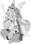  ! 1girl 1other absurdres animal_ears furry greyscale helmet highres holding holding_spoon horizontal_pupils jiryu50610218 long_hair made_in_abyss monochrome nanachi_(made_in_abyss) other_focus simple_background sitting solo spoon sweat tail whiskers 