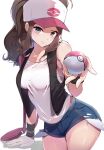  1girl baseball_cap blue_eyes breasts brown_hair denim denim_shorts hat high_ponytail hilda_(pokemon) long_hair looking_at_viewer pokemon pokemon_(game) pokemon_bw ponytail racket_ti1 shirt short_shorts shorts sidelocks smile solo vest white_shirt wristband 