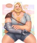  1boy :q adventure_time aged_up bara beard blonde_hair bulge chest_tattoo come_hither denim denim_shorts english_text facial_hair feet_out_of_frame finn_the_human highres large_pectorals long_beard looking_at_viewer male_focus mature_male mechanical_arms momo_(imaboii666) muscular muscular_male pectoral_cleavage pectoral_squeeze pectorals plump seductive_smile short_hair shorts single_mechanical_arm sitting smile solo sparkle spread_legs tattoo thick_eyebrows thick_thighs thighs tongue tongue_out 