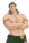  1boy abs alternate_skin_color baldur&#039;s_gate baldur&#039;s_gate_3 bara braid brown_hair card42570831 cowboy_shot crossed_arms dungeons_and_dragons elf halsin highres large_pectorals looking_at_viewer male_focus mature_male medium_hair muscular muscular_male navel navel_hair nipples pectorals pointy_ears smirk solo sparse_arm_hair sparse_chest_hair stomach tattoo thick_eyebrows topless_male 