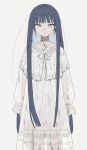  1girl arms_at_sides bandage_on_neck blue_hair blunt_bangs closed_mouth empty_eyes expressionless feet_out_of_frame gauze_on_chest highres lace-trimmed_nightgown light_frown long_hair long_sleeves looking_at_viewer loose_hair_strand nightgown original puffy_long_sleeves puffy_sleeves scar scar_on_chest scar_on_neck see-through_silhouette shirout00 sidelocks simple_background slit_pupils solo standing straight-on tsurime very_long_hair white_background white_eyes white_nightgown 