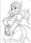  2023 anthro big_breasts black_and_white breasts chochi cleavage clothed clothing curvy_figure dragon eastern_dragon eyebrows female fingernails graphite_(artwork) hi_res looking_at_viewer mane monochrome nails pencil_(artwork) robe sharp_fingernails sharp_nails solo thick_eyebrows thick_thighs traditional_media_(artwork) whiskers wide_hips 