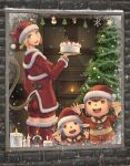  1boy 2girls :d against_glass ass avatar_(ff11) bell blonde_hair blue_eyes blue_hair breasts brown_hair brown_tail cactus41747280 cait_sith_(ff11) cake candle cat_girl cat_tail christmas christmas_ornaments christmas_tree final_fantasy final_fantasy_xi fire fireplace food fur-trimmed_headwear fur-trimmed_thighhighs hand_up hat highres holding holding_saucer light_blue_hair long_sleeves looking_at_viewer mandragora_(final_fantasy) medium_breasts mithra_(ff11) multiple_girls no_eyebrows open_mouth orange_eyes pointy_ears red_headwear red_shorts red_thighhighs santa_costume santa_hat saucer short_hair shorts smile snow snowman standing star_(symbol) tail tail_through_clothes tarutaru teeth thighhighs upper_teeth_only window zettai_ryouiki 