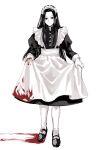  1boy alternate_costume black_eyes black_footwear black_hair blood blood_on_clothes clothes_lift commentary crossdressing highres hunter_x_hunter illumi_zoldyck lifted_by_self long_hair looking_at_viewer maid male_focus oh_myowa666 simple_background socks solo symbol-only_commentary white_background white_socks 