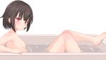  1girl barefoot bathing bathtub black_hair blunt_bangs blush breasts commentary_request completely_nude hair_between_eyes highres knees_up kono_subarashii_sekai_ni_bakuen_wo! kono_subarashii_sekai_ni_shukufuku_wo! looking_at_viewer megumin nipples nude out-of-frame_censoring parted_lips red_eyes ripples short_hair sideboob simple_background small_breasts solo tamaguu water white_background 