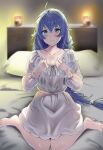  1girl absurdres ahoge barefoot blue_eyes blue_hair blurry blurry_background braid closed_mouth collarbone commentary_request dated hair_between_eyes highres indoors light_blush long_braid long_sleeves looking_at_viewer mushoku_tensei nightgown on_bed partial_commentary roxy_migurdia signature sitting solo toes twin_braids wariza white_nightgown yujin_(kanouyuuto-0423) 