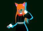  anthro atlus black_uniform canid canine clothing edithrawrz female fox fur gesture green_background grey_body grey_fur gun_hand hair mammal megami_tensei megami_tensei_persona one_eye_obstructed orange_hair pointing pointing_at_self purple_eyes red_bow_tie school_uniform sega simple_background solo uniform 