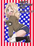  1girl ;d american_flag birthday black_footwear blonde_hair blue_eyes blue_shorts boots brown_jacket character_name commentary dated denim denim_shorts emblem english_text flag_background from_side girls_und_panzer hair_intakes hand_on_own_knee happy_birthday jacket kay_(girls_und_panzer) kneeling leaning_forward long_sleeves looking_at_viewer medium_hair micro_shorts military military_uniform one_eye_closed open_clothes open_jacket outline saunders_military_uniform shorts smile solo star_(symbol) takahashi_kurage thighhighs thumbs_up uniform white_outline white_thighhighs 