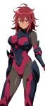  1girl absurdres batta_16-sei bodysuit breasts closed_mouth commentary covered_navel dark-skinned_female dark_skin expressionless feet_out_of_frame gauntlets hair_between_eyes highres hip_armor looking_at_viewer medium_breasts medium_hair messy_hair original red_eyes red_hair science_fiction signature simple_background skin_tight solo standing v-shaped_eyebrows white_background 