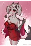  anthro breasts canid canid_demon clothed clothing demon dress eyebrow_piercing eyelashes facial_piercing female front_view fully_clothed fur grey_hair hair hellhound helluva_boss hi_res looking_at_viewer loona_(helluva_boss) mammal piercing red_eyes smile solo standing sukiskuki white_body white_fur 