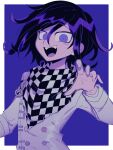  1boy :d a_(poipiku_325815) black_hair border buttons checkered_clothes checkered_scarf commentary_request danganronpa_(series) danganronpa_v3:_killing_harmony hair_between_eyes hand_up jacket long_sleeves looking_at_viewer male_focus oma_kokichi open_mouth purple_background purple_eyes scarf short_hair smile solo straitjacket upper_body white_border white_jacket 