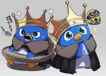  artist_name bird black_robe blue_skin closed_mouth colored_skin crown food food_on_face fur-trimmed_robe highres holding holding_spoon kiman mario_(series) minions_(movie) multiple_views no_humans open_mouth own_hands_together penguin robe sitting spoon sweatdrop tearing_up the_super_mario_bros._movie translation_request watermark wavy_mouth 