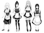  absurdres apron breasts cleavage commentary_request detached_collar dress flat_chest frills full_body garter_straps glasses greyscale hand_on_own_hip highres juliet_sleeves large_breasts loafers long_sleeves low_twintails maid maid_apron maid_headdress medium_dress monochrome original pantyhose ponytail puffy_short_sleeves puffy_sleeves shoes short_dress short_sleeves smile socks thighhighs twintails uraya_nagi waist_apron wrist_cuffs 