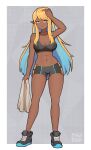  1girl abs absurdres arm_up bare_arms bare_shoulders black_footwear black_shorts blonde_hair blue_eyes blue_hair breasts collarbone dark-skinned_female dark_elf dark_skin elf freydraws full_body hadairu_koseiri_(dsv) highres holding holding_towel long_hair medium_breasts multicolored_hair muscular muscular_female original parted_lips pointy_ears shoes short_shorts shorts solo towel two-tone_hair very_long_hair 