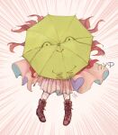  1girl animal-themed_umbrella boots brown_footwear covered_face cyrillic dress full_body green_umbrella highres long_hair patchouli_knowledge pink_background pink_dress purple_hair signature smile solo svveetberry touhou translated umbrella very_long_hair 