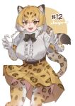  1girl animal_ears black_bow black_bowtie blonde_hair bow bowtie center_frills elbow_gloves fangs frills fur_collar gloves hair_between_eyes high-waist_skirt highres jaguar_(kemono_friends) jaguar_ears jaguar_girl jaguar_print jaguar_tail kemono_friends looking_at_viewer noor7 open_mouth print_gloves print_skirt print_thighhighs shirt short_hair short_sleeves sidelocks skirt solo tail thighhighs white_fur white_gloves white_hair white_shirt yellow_eyes zettai_ryouiki 