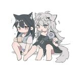  +++ 2girls :d animal_ears arknights barefoot black_hair black_shirt black_shorts brown_eyes chibi closed_mouth cup grey_eyes grey_hair hair_between_eyes hair_dryer hair_ornament hairclip holding holding_cup lappland_(arknights) long_hair mug multiple_girls notice_lines off_shoulder scar scar_across_eye seri_(vyrlw) shadow shirt short_shorts shorts simple_background sitting smile tail texas_(arknights) towel towel_around_neck very_long_hair white_background white_shirt 