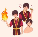  1boy artist_name avatar:_the_last_airbender avatar_legends closed_mouth element_bending fire hair_between_eyes heart highres male_focus pyrokinesis rubber_duck scar scar_across_eye short_sleeves smile sourbons topless_male yellow_eyes zuko 