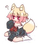  !? 1girl animal_ear_fluff animal_ears bare_shoulders black_jacket black_sweater blonde_hair checkered_necktie chibi collarbone fox_ears fox_girl fox_tail full_body grey_skirt hair_bun hand_up highres jacket kemomimi-chan_(naga_u) long_sleeves naga_u necktie off_shoulder original pleated_skirt red_eyes red_necktie school_uniform short_hair simple_background single_hair_bun sitting skirt socks solo sweater tail wariza white_background white_socks 