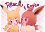  2girls :d blonde_hair blush brown_eyes brown_hair character_name commentary dotted_background eevee eyelashes highres long_hair multiple_girls open_mouth personification pikachu pokemon pokemon_ears smile tongue twintails upper_body watermark yajuuraku 