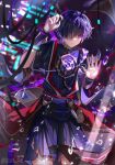  1boy armor artist_name belt blunt_ends blurry blurry_background broken_glass closed_mouth covered_collarbone eyeshadow genshin_impact glass gold_trim hair_between_eyes hair_over_one_eye hands_up highres japanese_armor jewelry kote kurokote looking_at_viewer makeup male_focus mandarin_collar mitsudomoe_(shape) necklace no_headwear purple_belt purple_eyes purple_hair purple_shirt purple_shorts qiuci_708 red_eyeshadow scaramouche_(genshin_impact) scaramouche_(shouki_no_kami)_(genshin_impact) shirt short_hair short_sleeves shorts solo standing tassel tomoe_(symbol) torn_clothes wire 