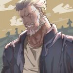  1boy beard facial_hair grin highres jacket looking_ahead male_focus mature_male old old_man open_clothes open_jacket overwatch overwatch_1 qingwaoo_liao reinhardt_(overwatch) scar scar_across_eye scar_on_face short_hair smile solo thick_eyebrows thick_mustache upper_body white_hair 