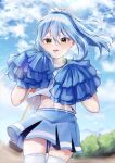  1other absurdres blue_hair blue_skirt cheerleader chocoeiru cowboy_shot crop_top highres holding holding_pom_poms long_hair midriff miniskirt navel pleated_skirt pom_pom_(cheerleading) ponytail rimuru_tempest shirt skirt tensei_shitara_slime_datta_ken thighhighs yellow_eyes 