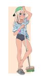  1girl alternate_costume arm_up bare_legs barefoot baseball_cap blonde_hair blush broom casual commentary_request crocs full_body hat highres holding holding_broom jinkai_yamizawa kantai_collection old_school_swimsuit one-piece_swimsuit one-piece_tan open_mouth ro-500_(kancolle) school_swimsuit shirt short_sleeves simple_background solo standing standing_on_one_leg striped striped_shirt sweat swimsuit t-shirt tan tanlines tied_shirt 