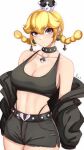  1girl anisdrawn bare_shoulders belt black_belt black_choker black_eyes black_jacket black_shorts blonde_hair braid choker commentary_request cowboy_shot crop_top crown eyeshadow gothic highres jacket long_hair looking_at_viewer makeup mario_(series) midriff mini_crown navel off_shoulder open_clothes open_jacket peachette short_shorts shorts simple_background solo sports_bra standing stomach twin_braids white_background 
